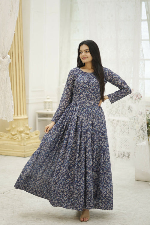 Aayaa Printed Faux Georgette with Embroidery Thread Sequins work Gown - Multi Color