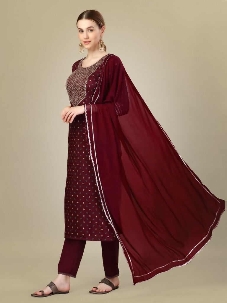 Jyoti Fashion Women's Maroon Silk Blend Embroidery & Sequence work Kurta with Trouser & Dupatta