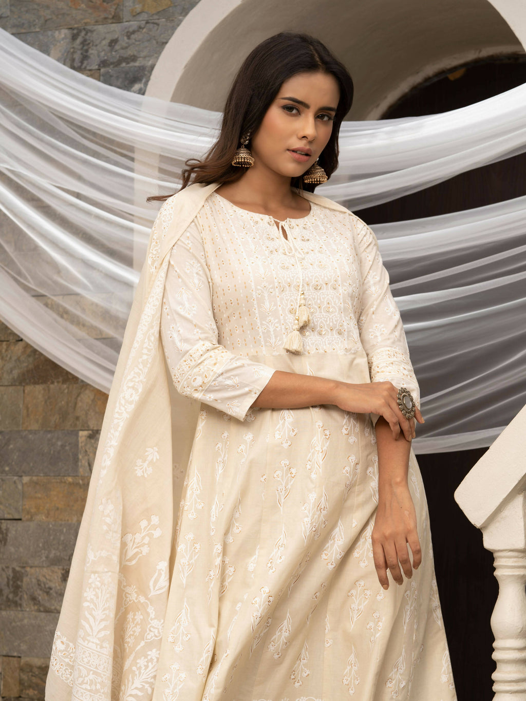 Off White Cotton Cambric Printed with Sequins work Anarkali Kurta with Pant & Dupatta - Akashara