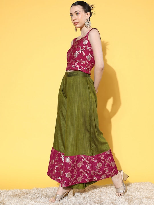 InWeave Women's Pink Brocade Strappy Top W Olive Pink Brocade Palazzo Set
