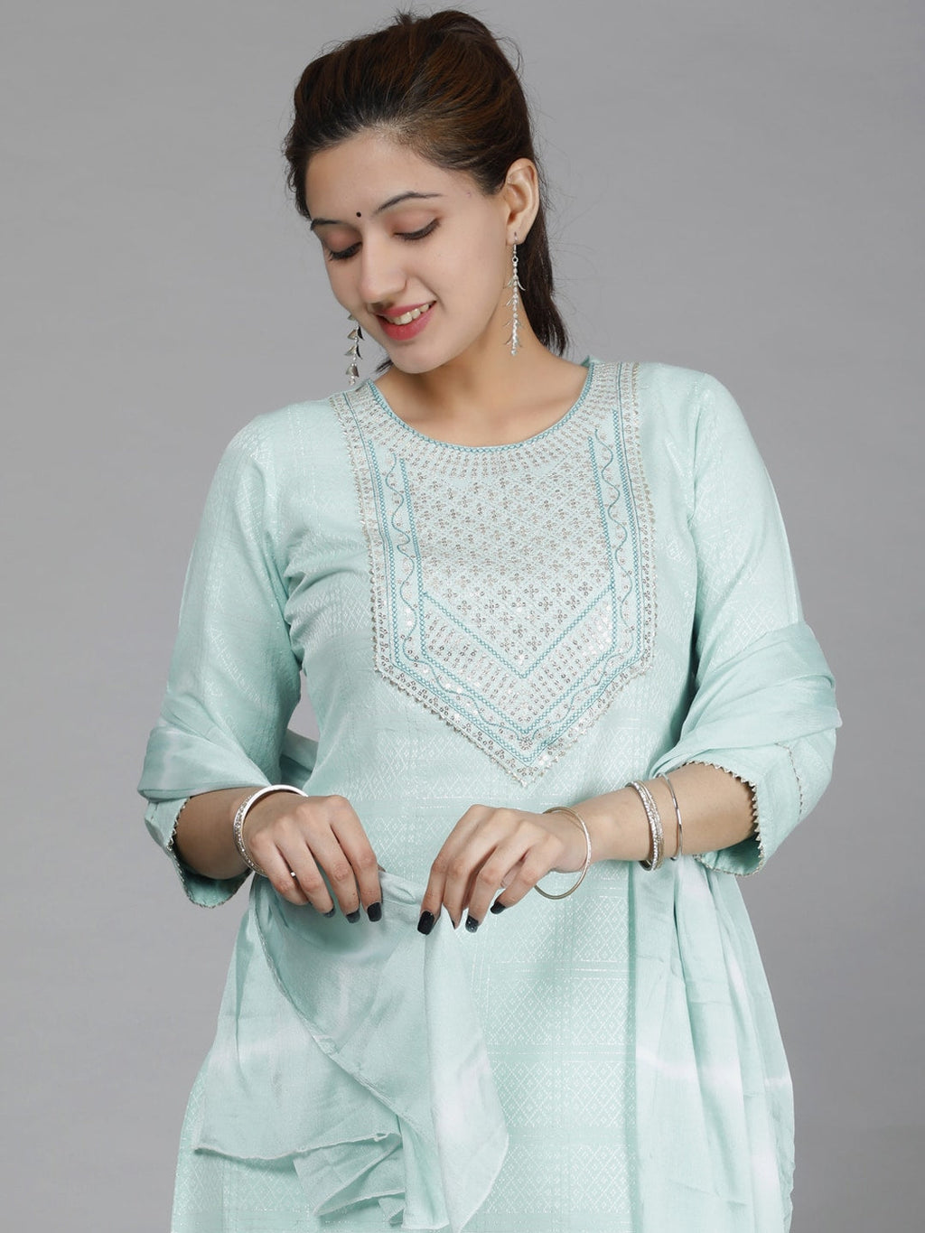 HERE&NOW Green Ethnic Motifs Embroidered Sequined Cotton Kurta Set