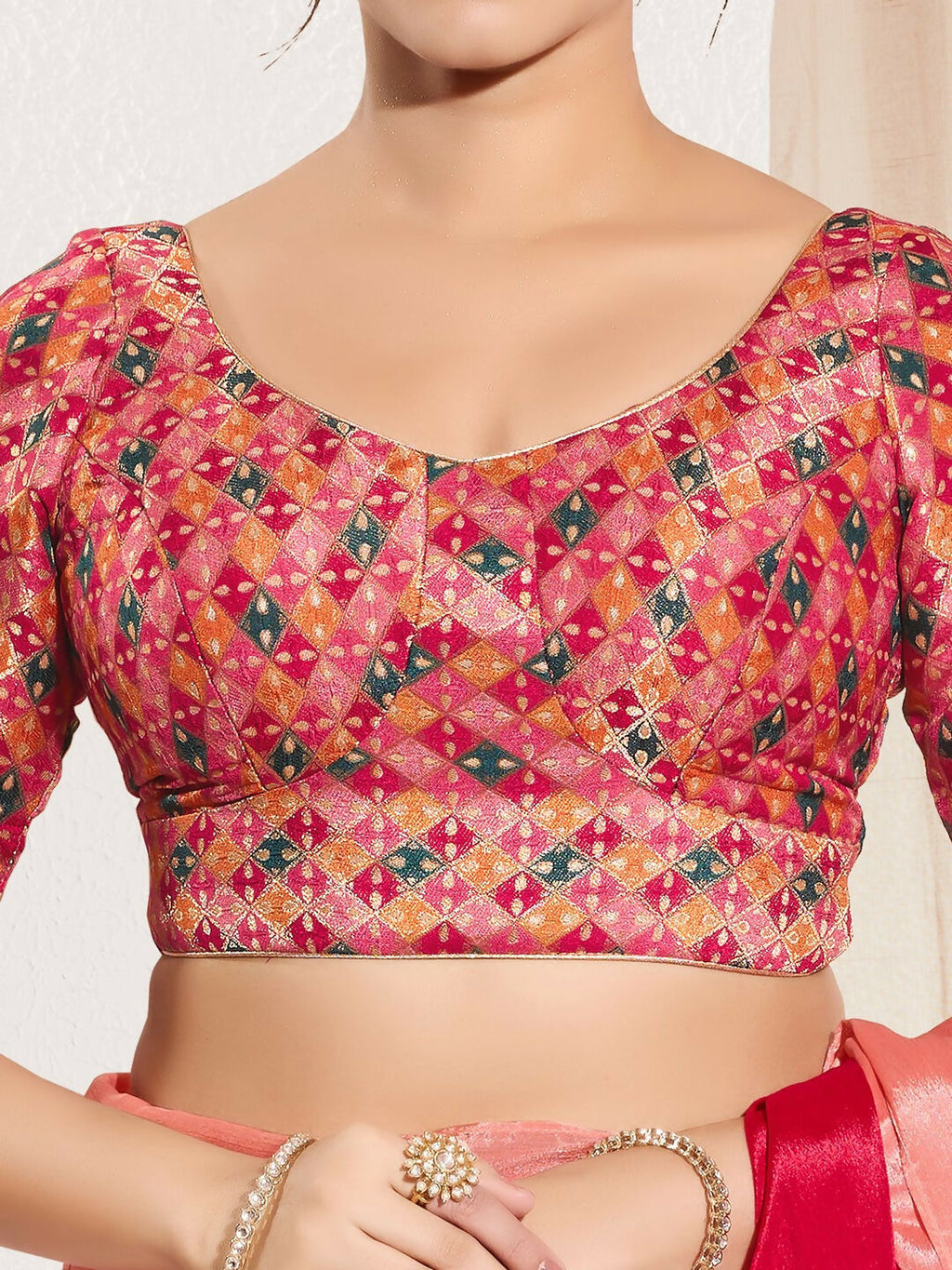 Joban Fashion Pink Jacquard Padded Blouse With Round Neck Elbow Sleeves