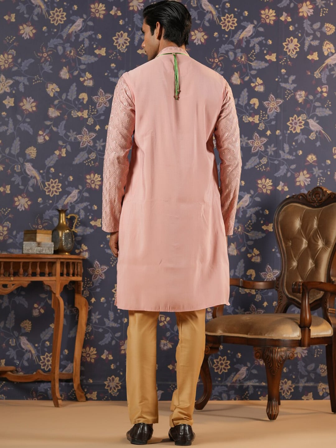 House of Pataudi Ethnic Motifs Embroidered Mandarin Collar Straight Kurta With Churidar