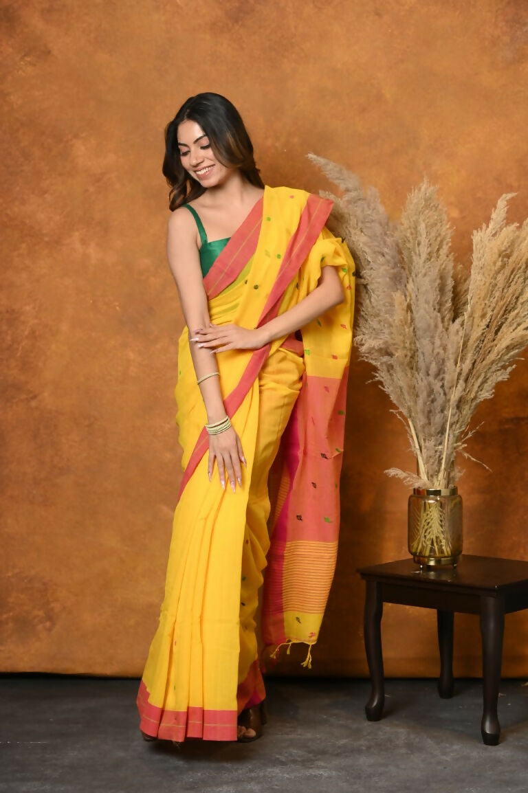 Very Much Indian Handloom Pure Cotton Saree With Sleek Border - Yellow