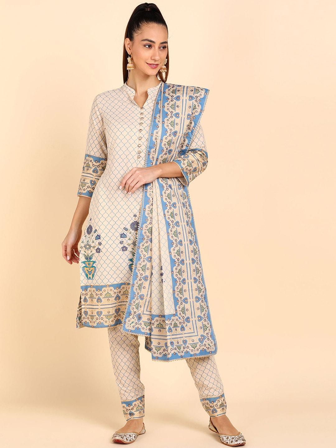 HERE&NOW Women Blue Floral Printed Pure Cotton Kurta with Trousers & With Dupatta