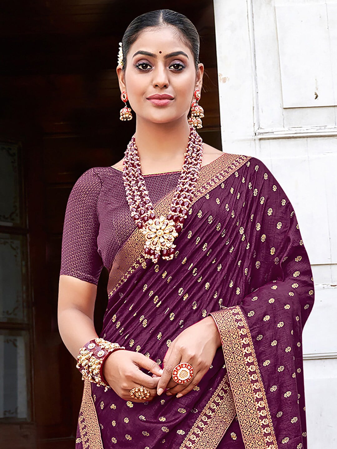 Saree Mall Purple & Gold-Toned Ethnic Motifs Printed Zari Sarees