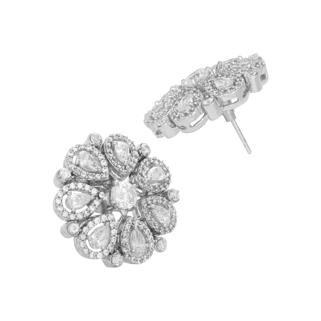 Nuyug Rhodium-Plated Zircon Studded Floral Statement Stud Earrings