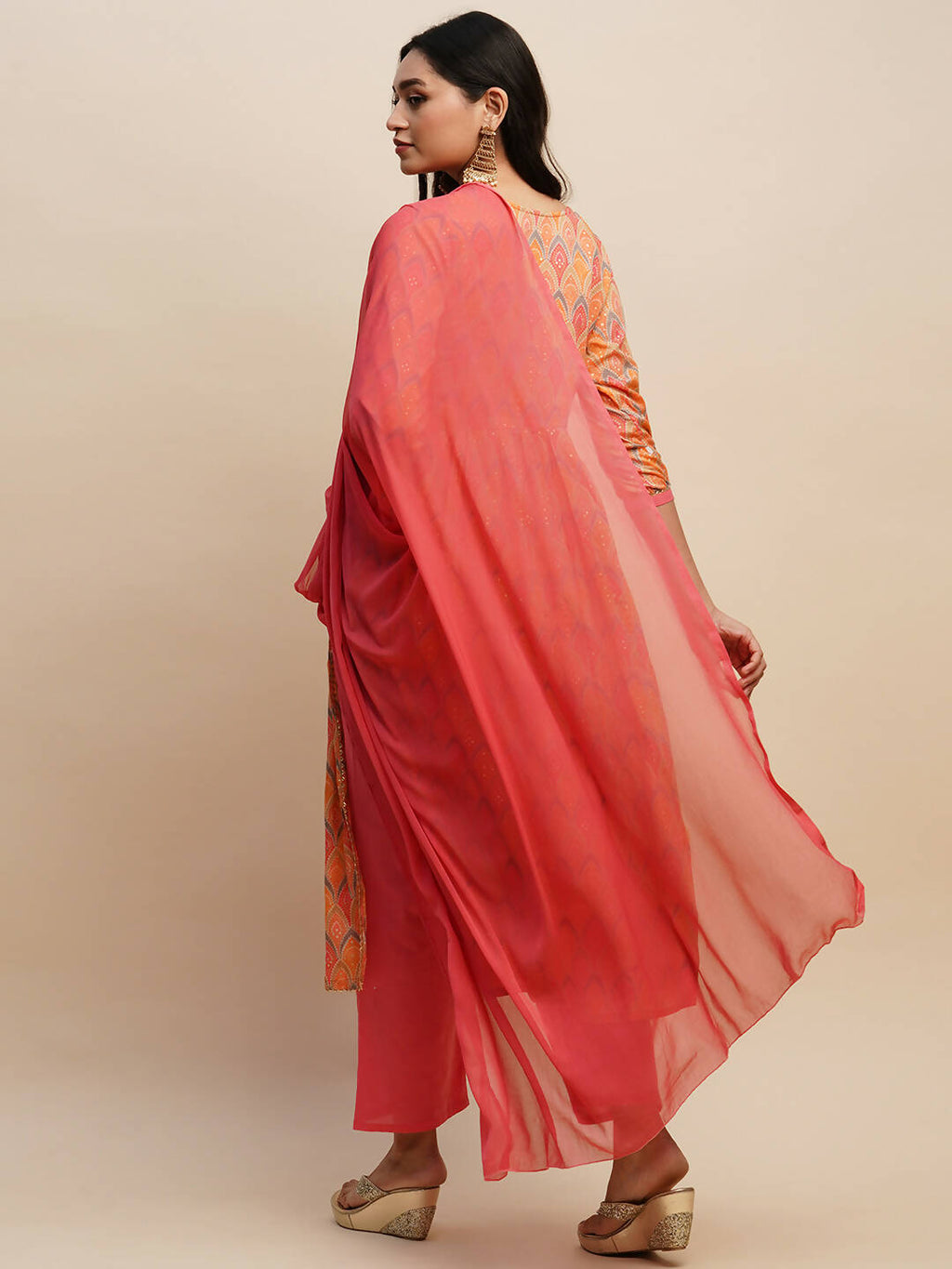 Orange Pure Cotton Bandhani Printed Naira Cut Kurta And Bottom With Dupatta - Akashara