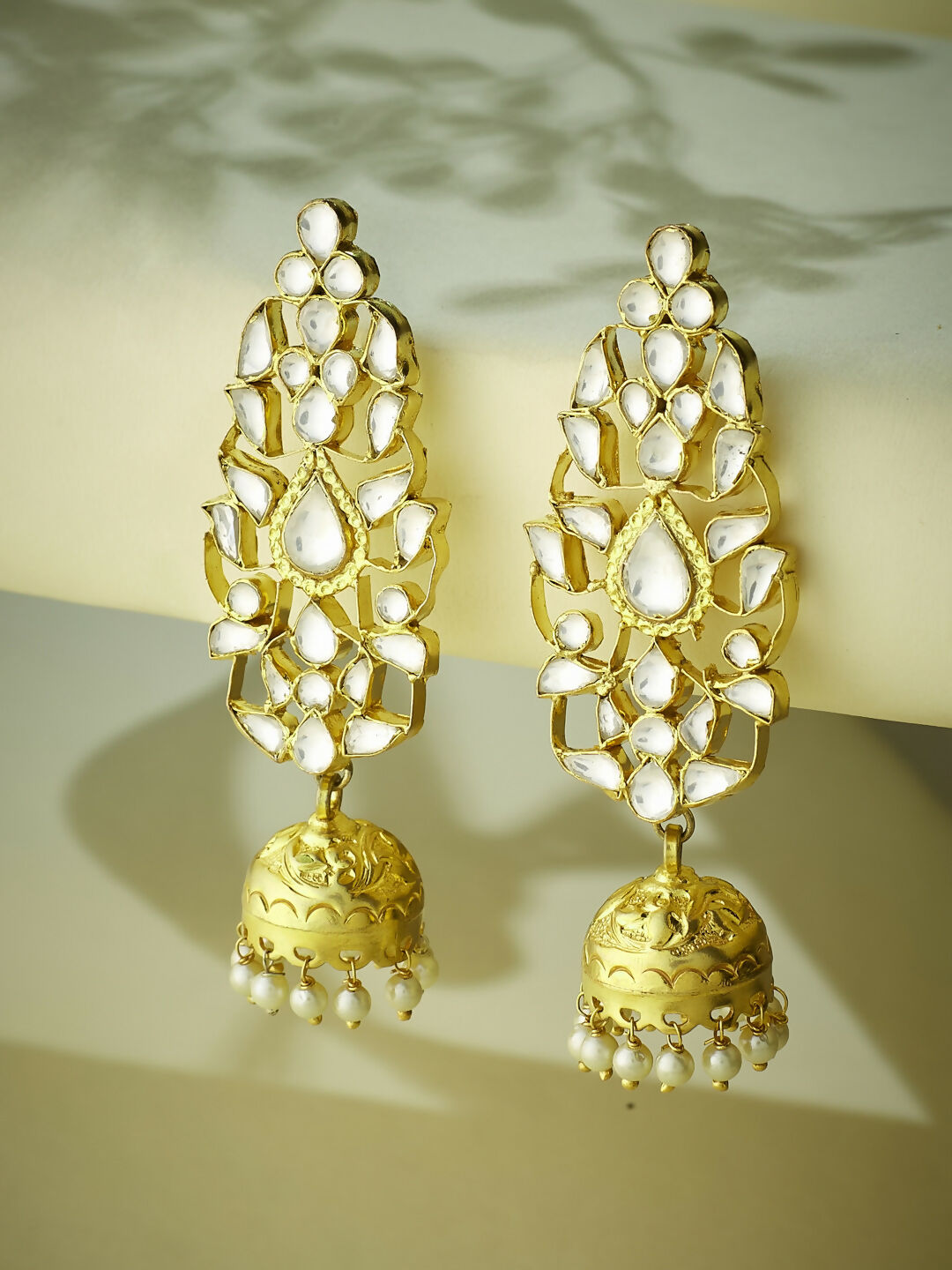 Nuyug 22K Gold-Plated Regal Kundan Stone Studded & Pearl Drop Jhumkas