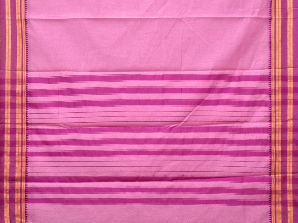 Baby Pink and Pink Bamboo Cotton Plain Saree with Strips Pallu Design No Blouse - Global Threads
