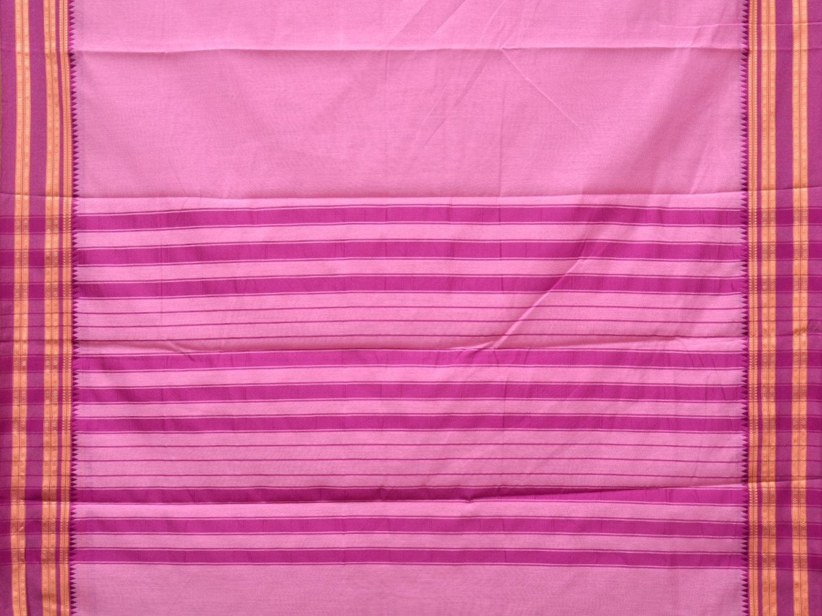 Baby Pink and Pink Bamboo Cotton Plain Saree with Strips Pallu Design No Blouse - Global Threads