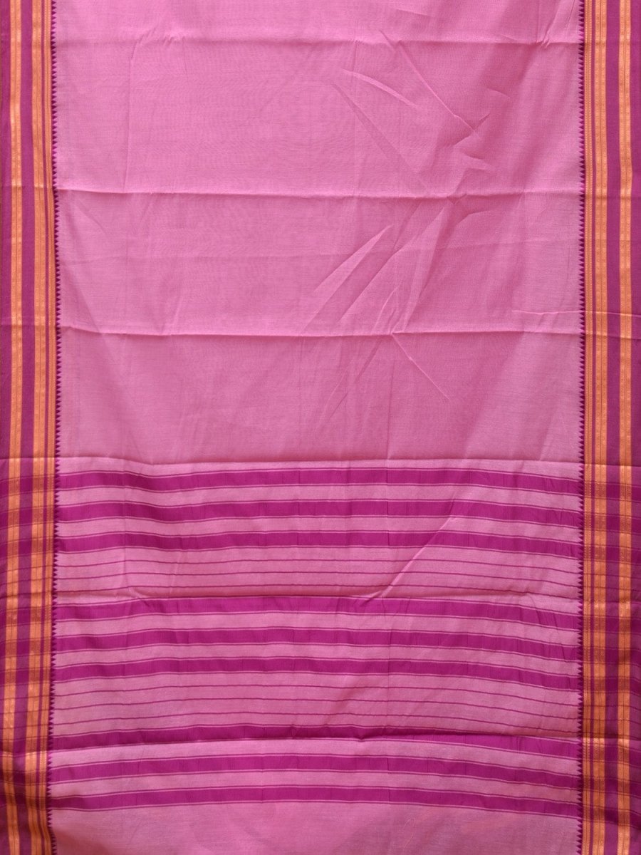 Baby Pink and Pink Bamboo Cotton Plain Saree with Strips Pallu Design No Blouse - Global Threads