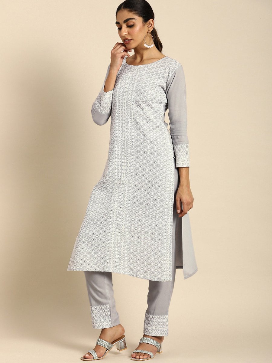 All About You Women Embroidered Chikankari Kurta With Trousers & With Dupatta