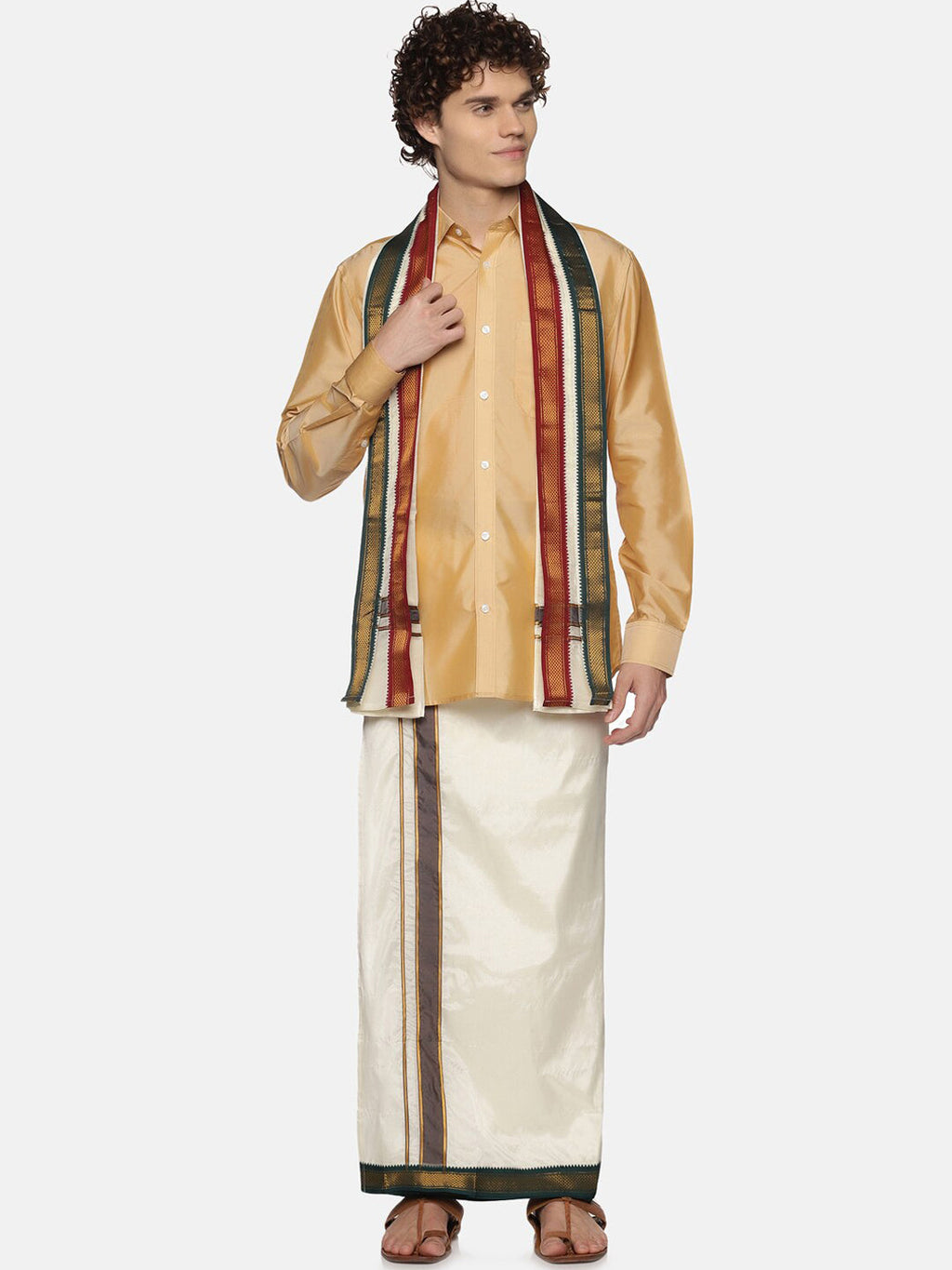 Sethukrishna Men Cream-Colored Solid Dhotis With Angavastram