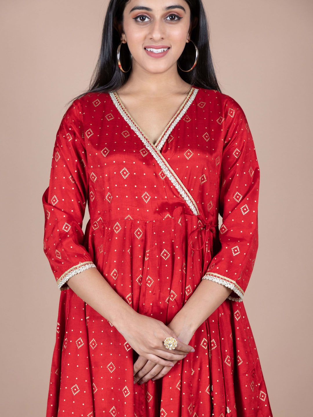 HERE&NOW Red & Beige Ethnic Motifs Printed Angrakha Gotta Patti Kurta with Trousers