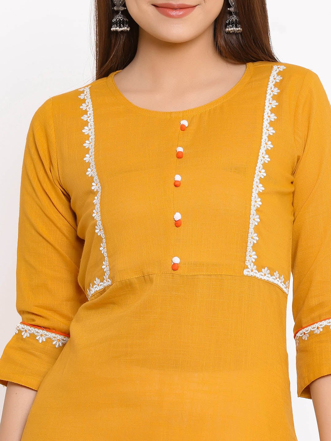 HERE&NOW Mustard Yellow & White Ethnic Motifs Embroidered Straight Kurta