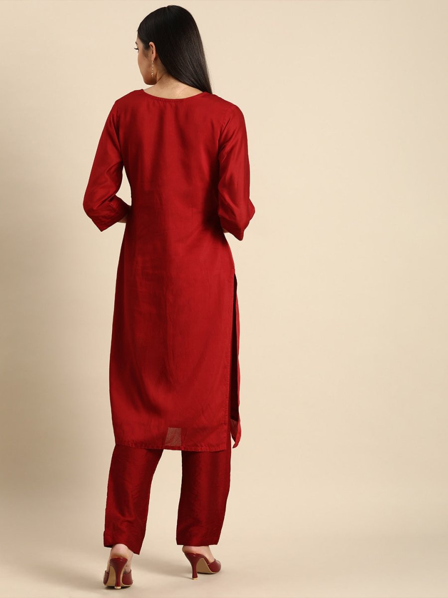 All About You Women Red & Golden Ethnic Motifs Embroidered Kurta Set