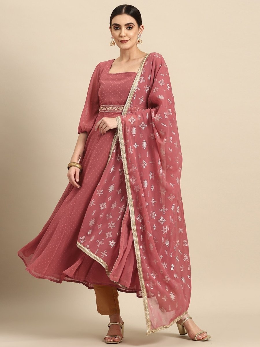 All About You Square Neck Dobby Weave A-Line Kurta With Dupatta