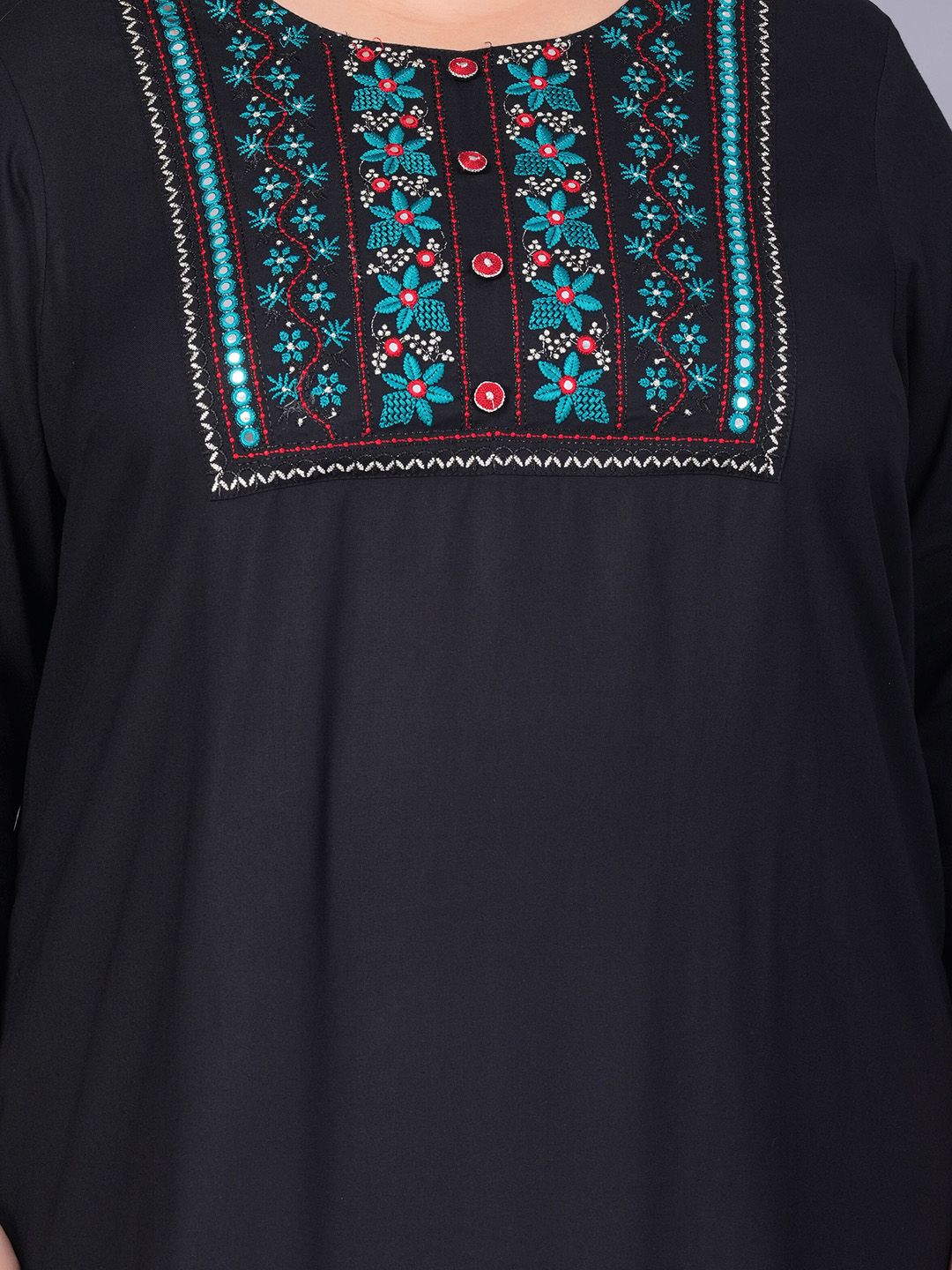 Sztori Plus Size Floral Embroidered Yoke Mirror Work Straight Kurta