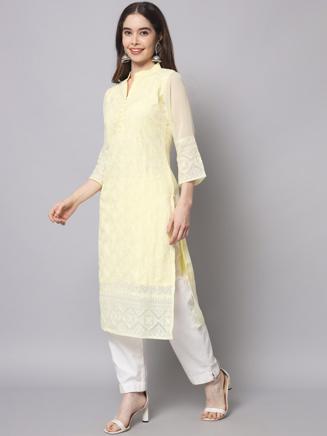 HERE&NOW Women Yellow Ethnic Motifs Embroidered Thread Work Georgette Kurta