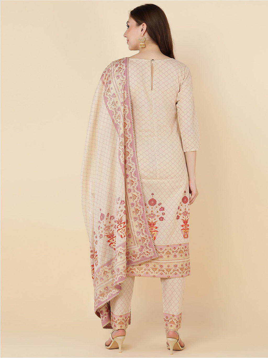 HERE&NOW Women Beige Ethnic Motifs Printed Pure Cotton Kurta with Trousers & Dupatta