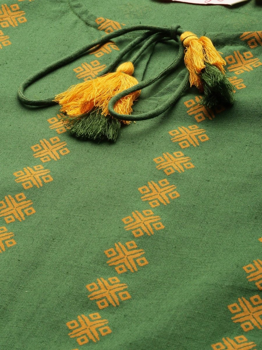 All About You Women Green Ethnic Motifs Printed Kurta with Mustard Yellow Trousers