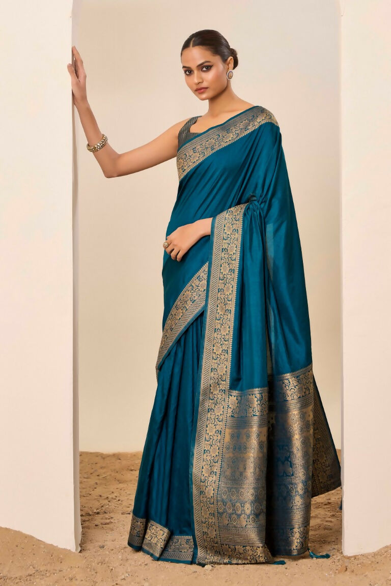 Teal Blue Dolla Silk Wevon Galla Designer Saree - Zeel