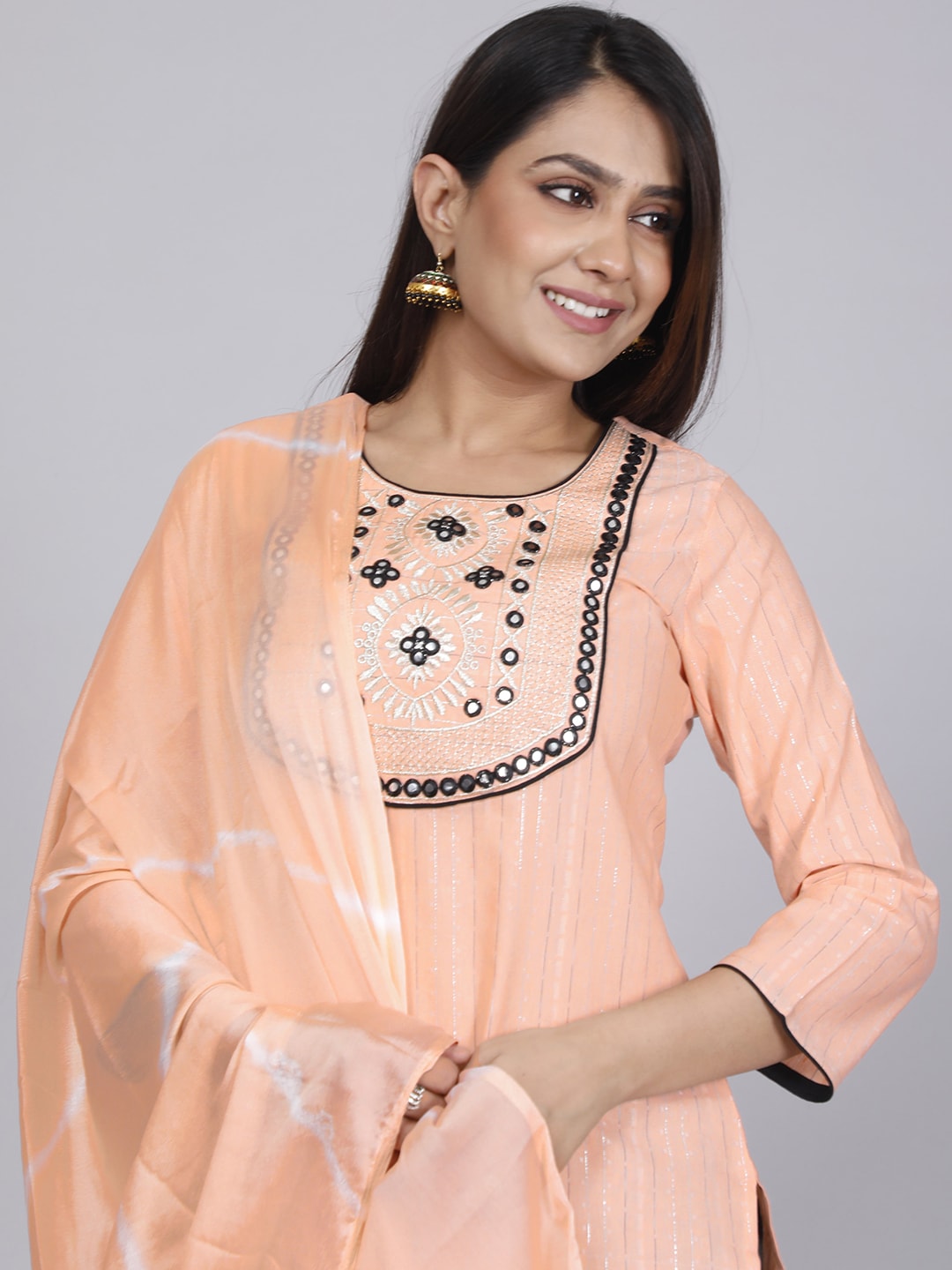 HERE&NOW Women Orange Floral Yoke Design Mirror Work Kurta with Trousers & Dupatta