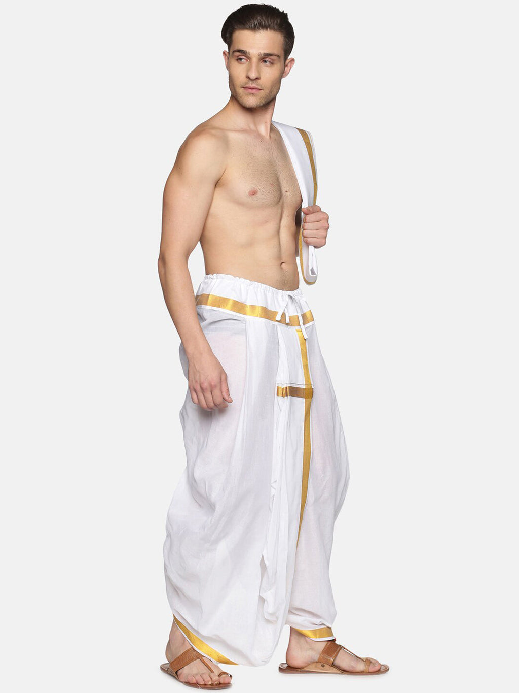 Sethukrishna Men White & Gold-Toned Solid Ready Made Dhoti Pants