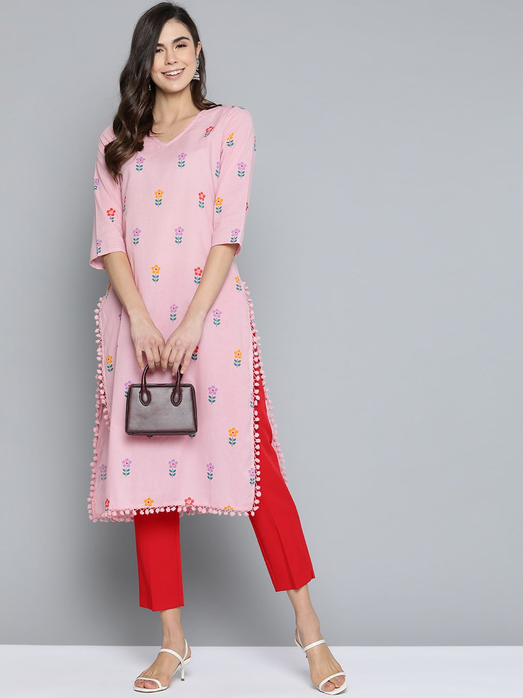 HERE&NOW Women Pink & Purple Floral Print Pure Cotton Straight Kurta