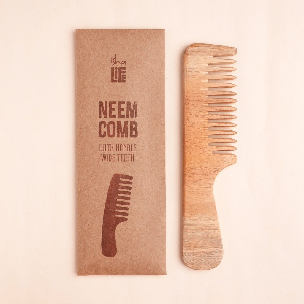 Isha Life Handmade Neem Wood Comb With Handle (Wider Teeth)