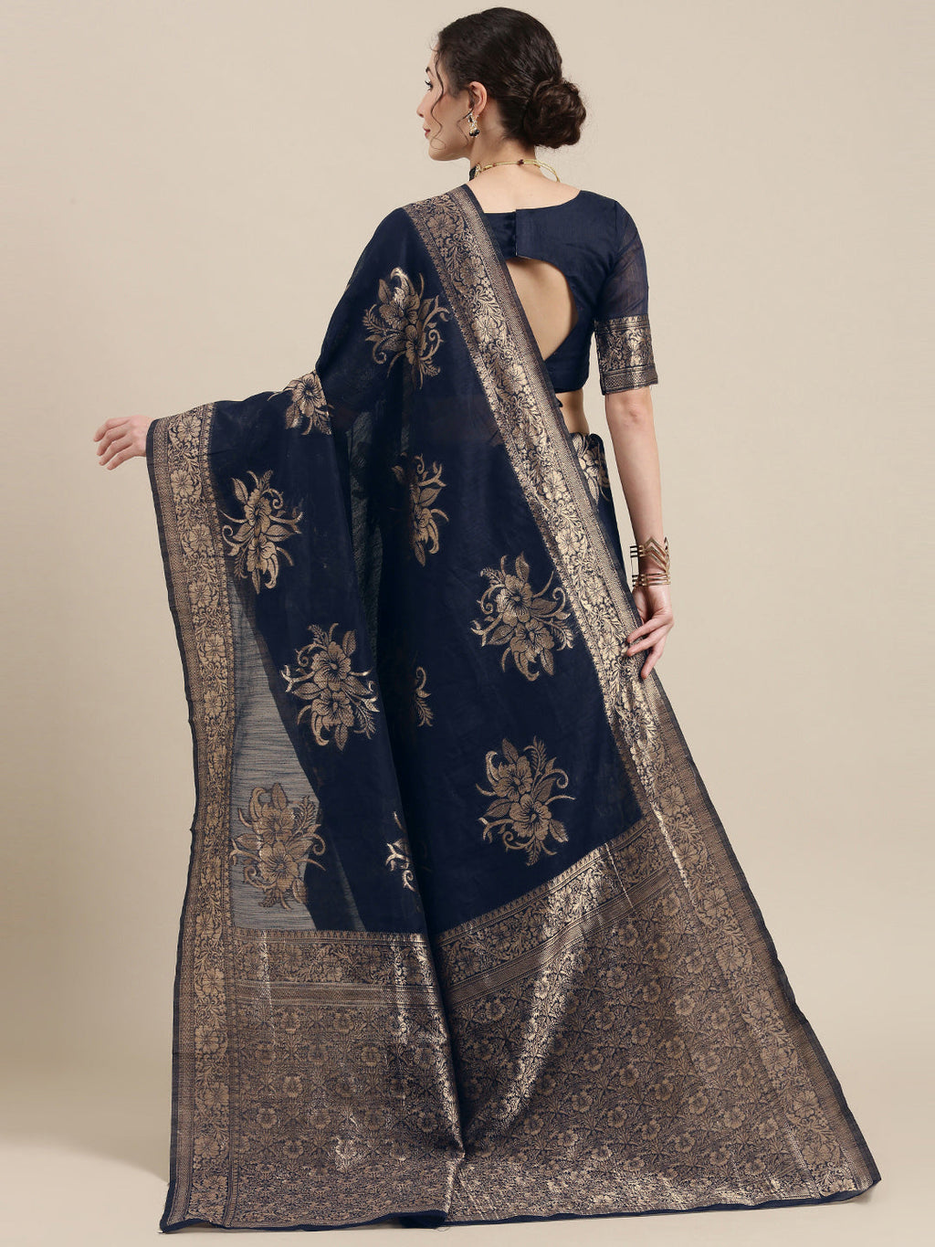 Saree Mall Navy Blue Floral Linen Blend Banarasi Saree
