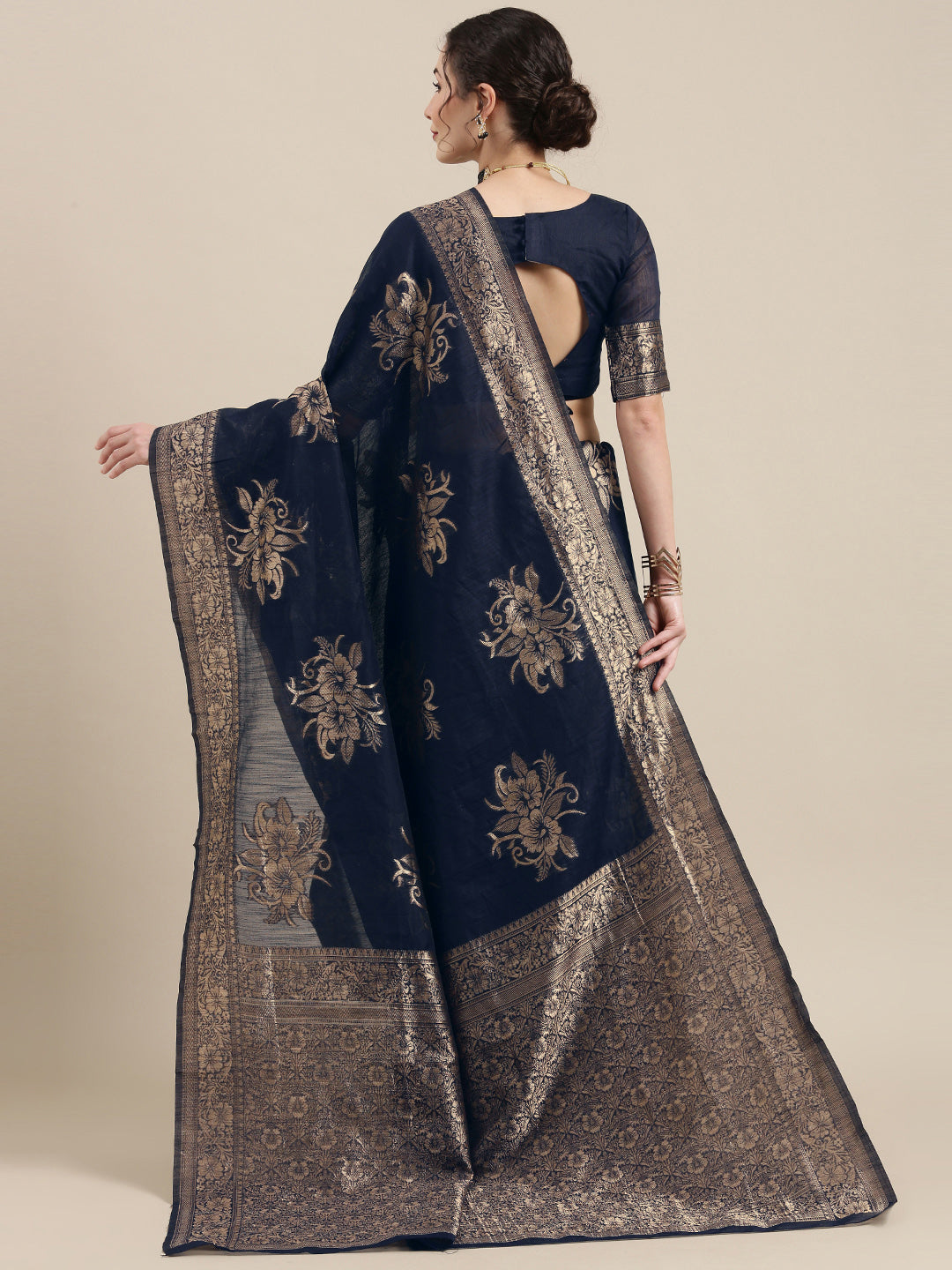 Saree Mall Navy Blue Floral Linen Blend Banarasi Saree