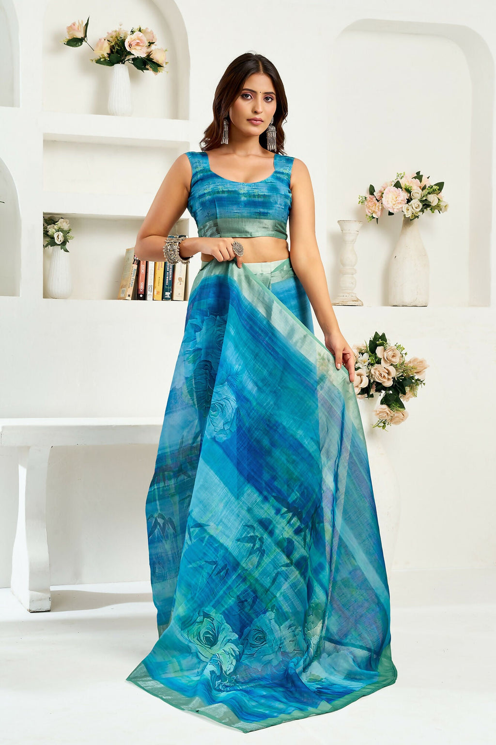 Vastranavya Aqua Blue Digital Printed Linen Ready To Wear Designer Saree with Unstitched Blouse