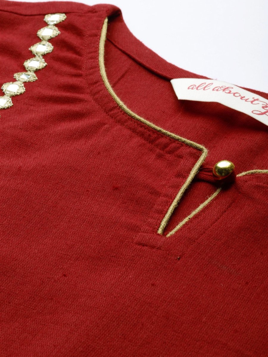 All About You Women Red & Gold-Toned Keyhole Neck Gotta Patti Kurta