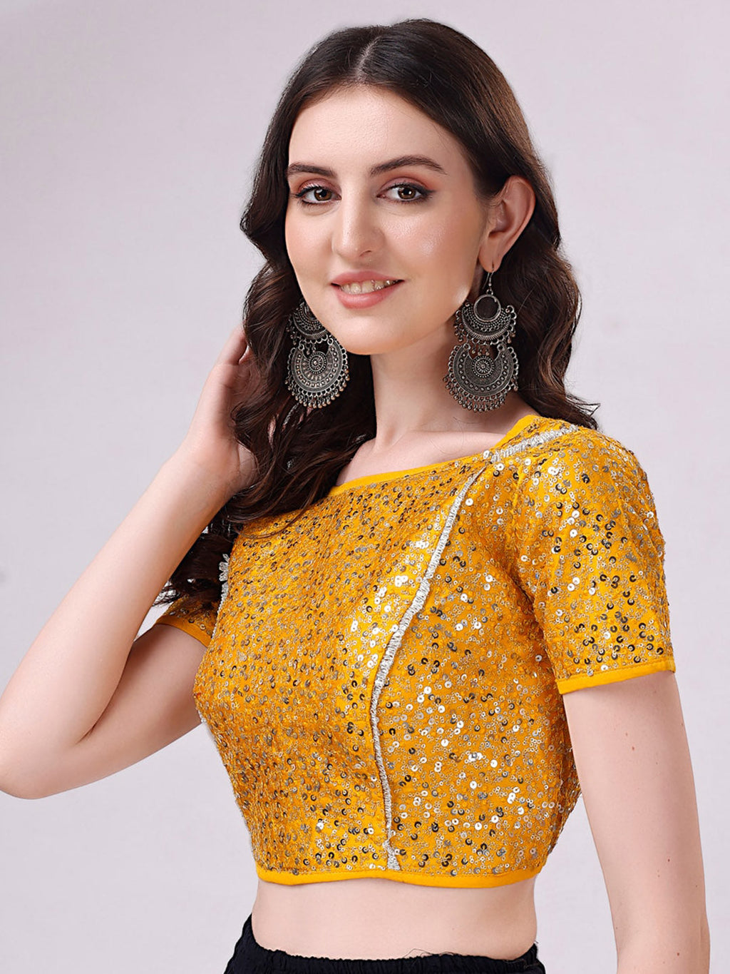 Tikhi Imli Yellow Embellished Boat Neck Sequinned Detailed Saree Blouse