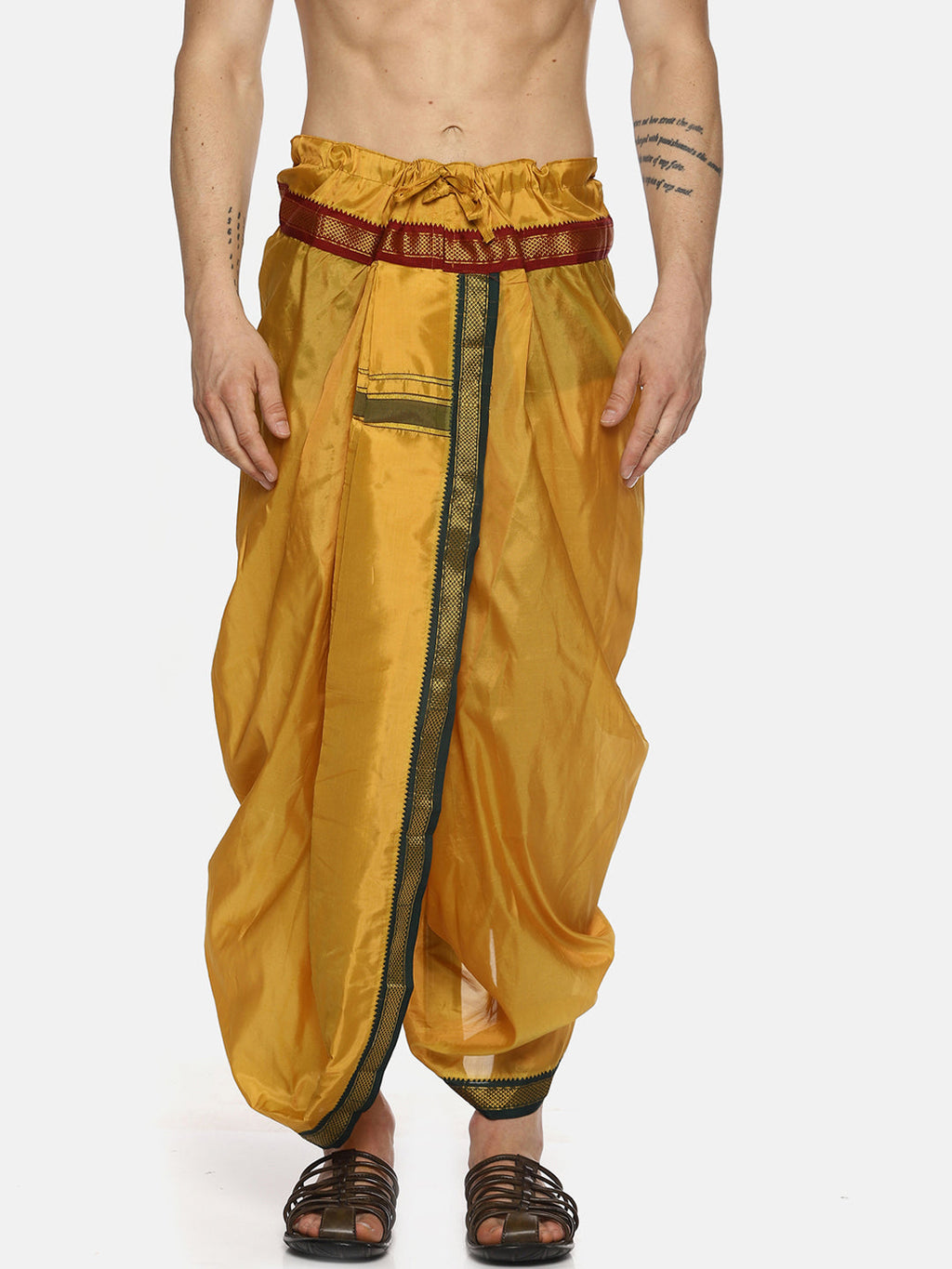 Sethukrishna Men Yellow Solid Readymade Dhoti Pants With Angavastram