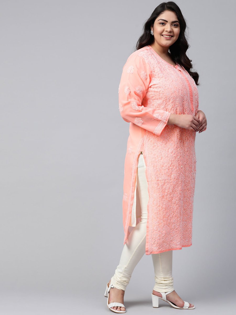 ADA Ada Women Plus Size Peach-Coloured & White Ethnic Motifs Chikankari Georgette Handloom Kurta