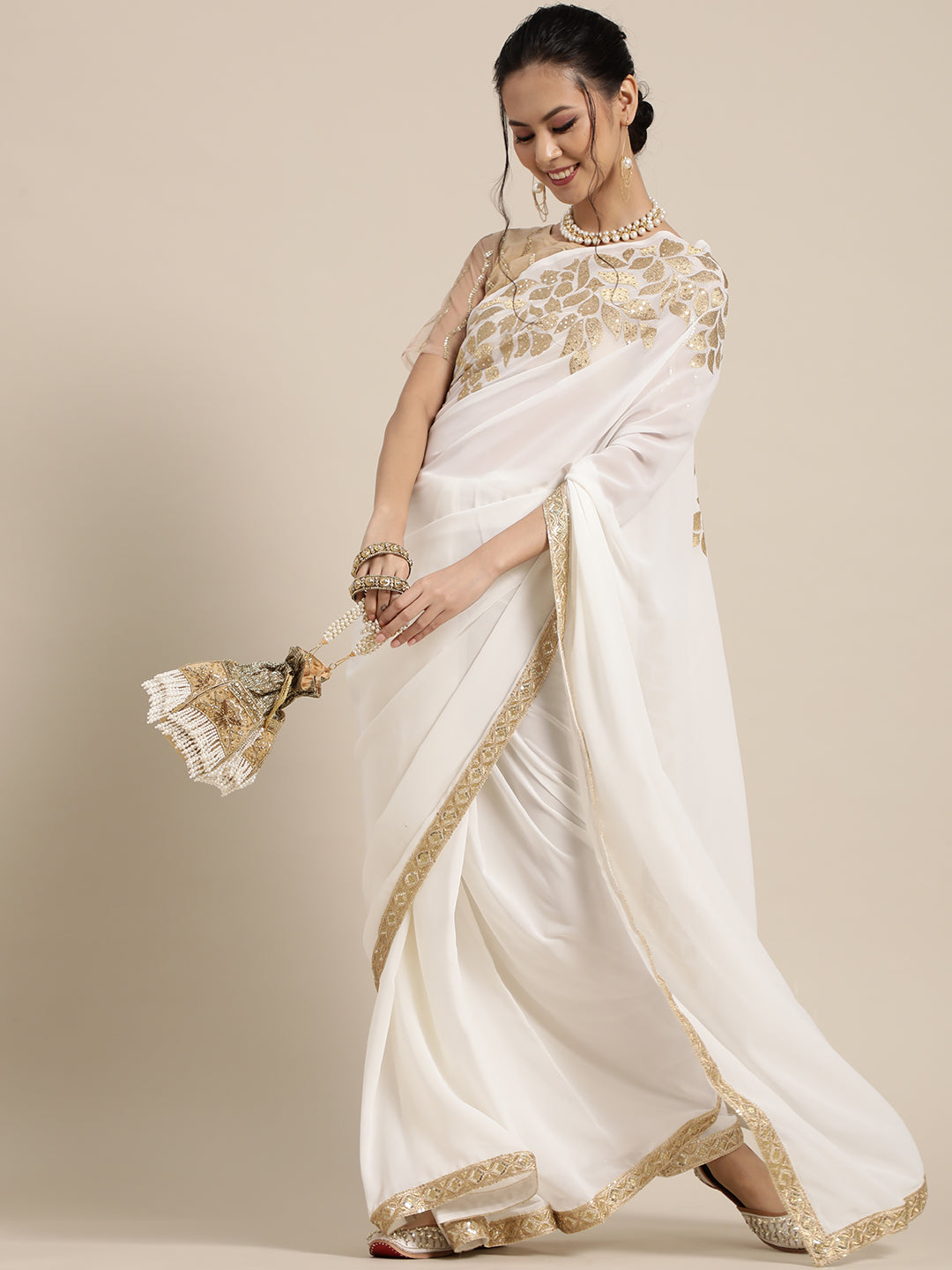 Saree Mall White & Golden Floral Muga Saree
