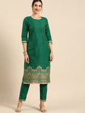 All About You Women Green & Gold Printed Regular Kurta with Trousers