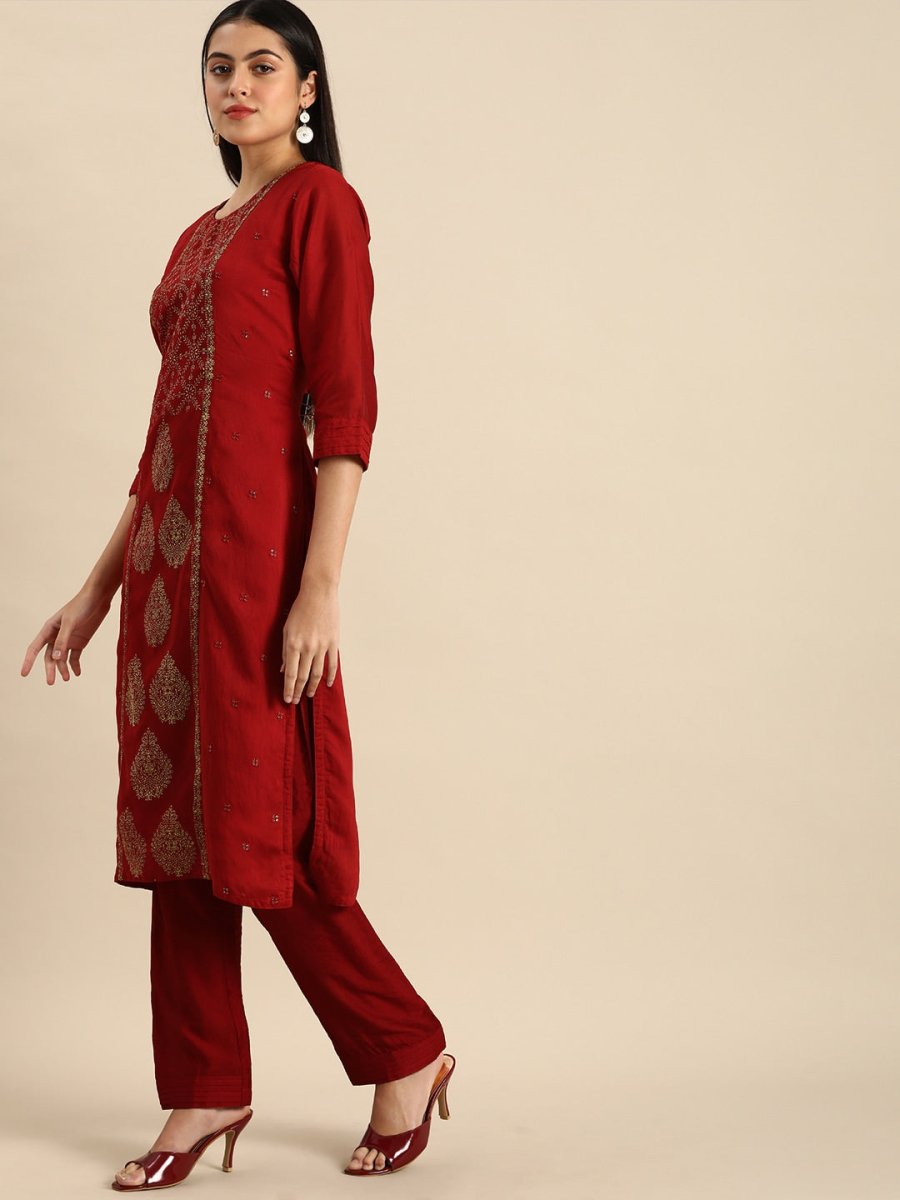 All About You Women Red & Golden Ethnic Motifs Embroidered Kurta Set