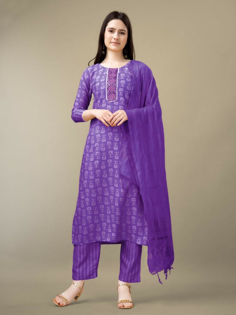 Jyoti Fashion Women's Purple Rayon Embroidery & Sequence work Kurta with Trouser & Dupatta