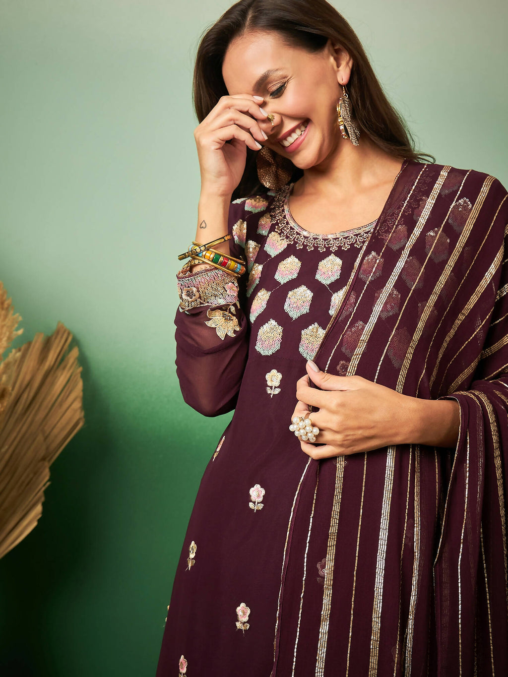 Wine Georgette Handwork Unstitched Dress Material - Hanika