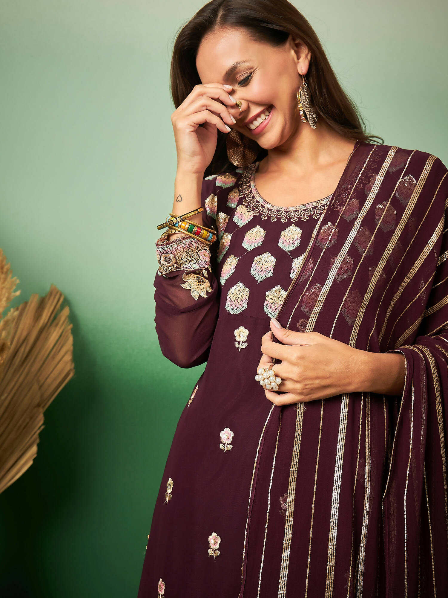 Wine Georgette Handwork Unstitched Dress Material - Hanika