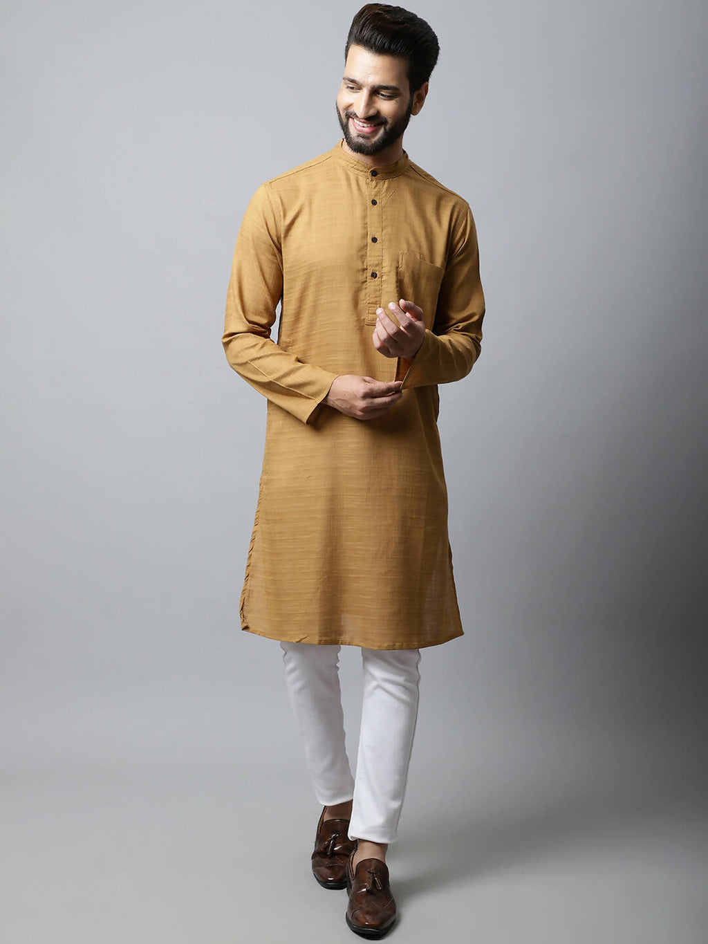 Even Apparels Brown Color Pure Cotton Men's Kurta With Band Collar (SLD1177)