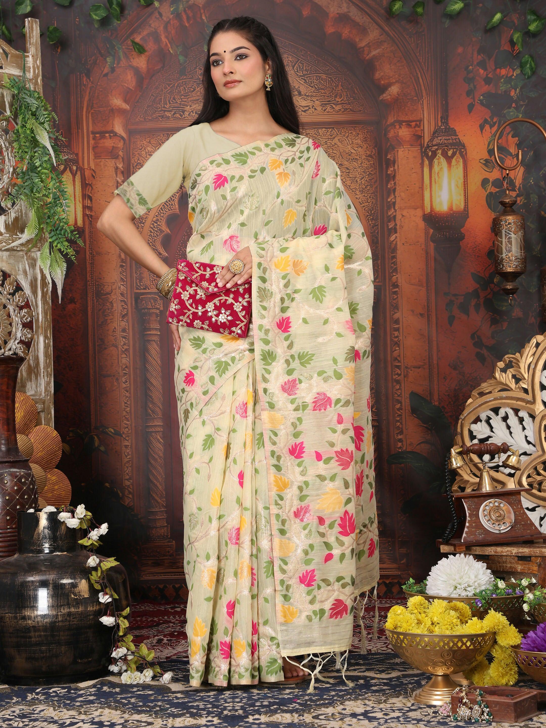Shree Shyam Fashion Linen Cotton Cream Saree