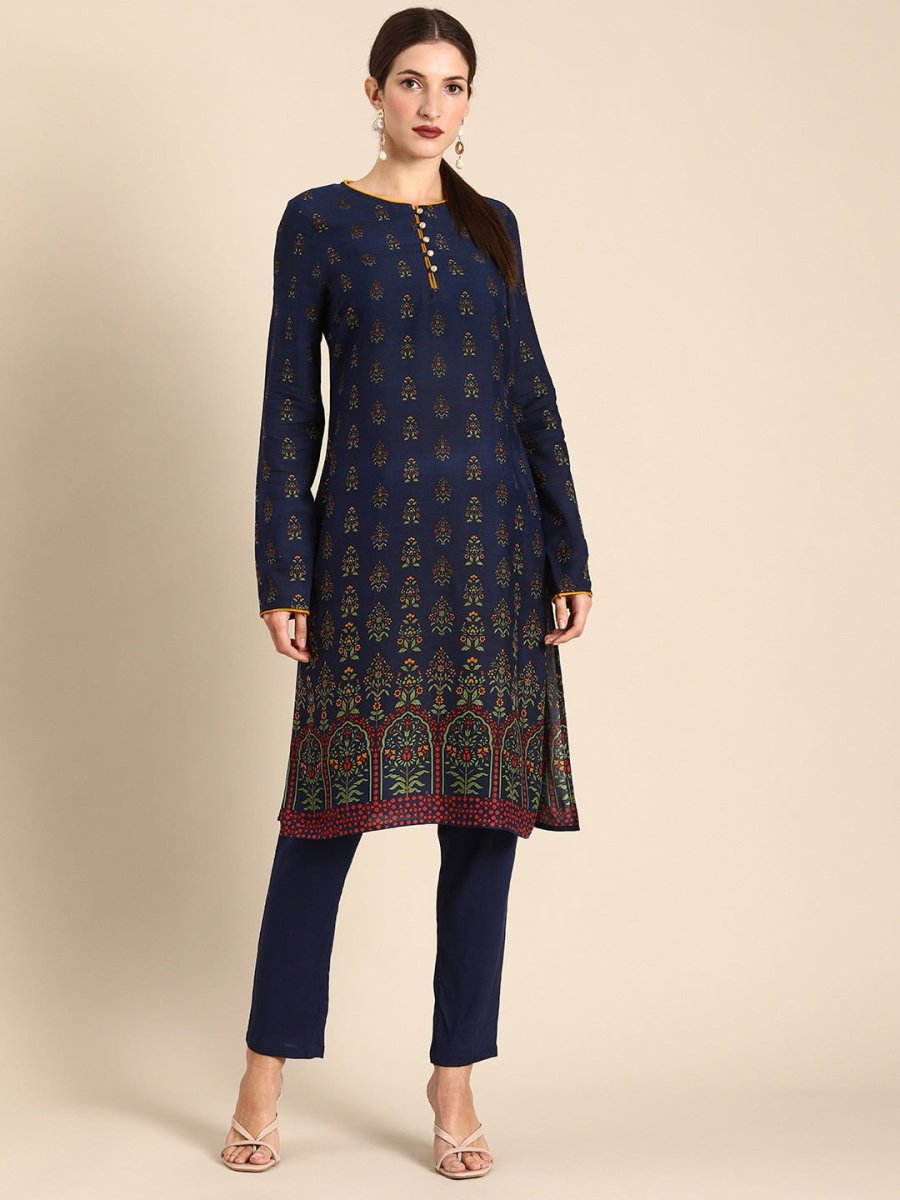 All About You Women Navy Blue Floral Printed Regular Long Sleeves Kurta with Trousers