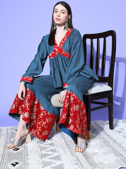 InWeave Women's Teal Red Brocade Mughal Shaan Kurta Palazzo Set