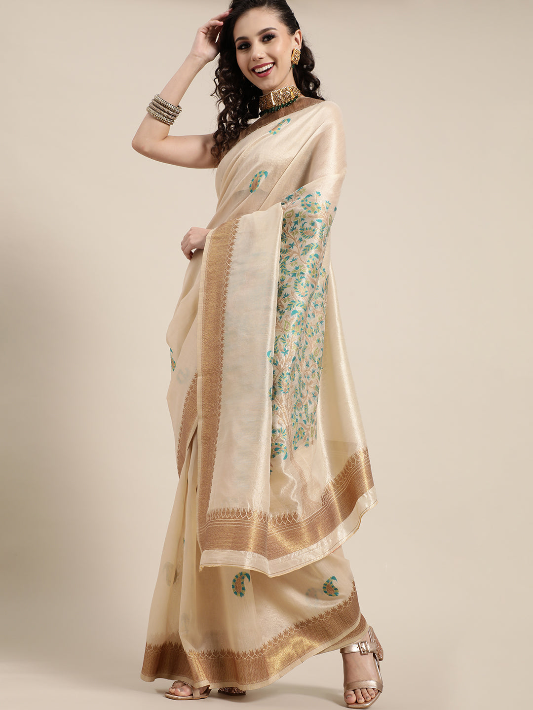 Saree Mall Saree Mall Rich Beige and Gold Silk Blend Saree