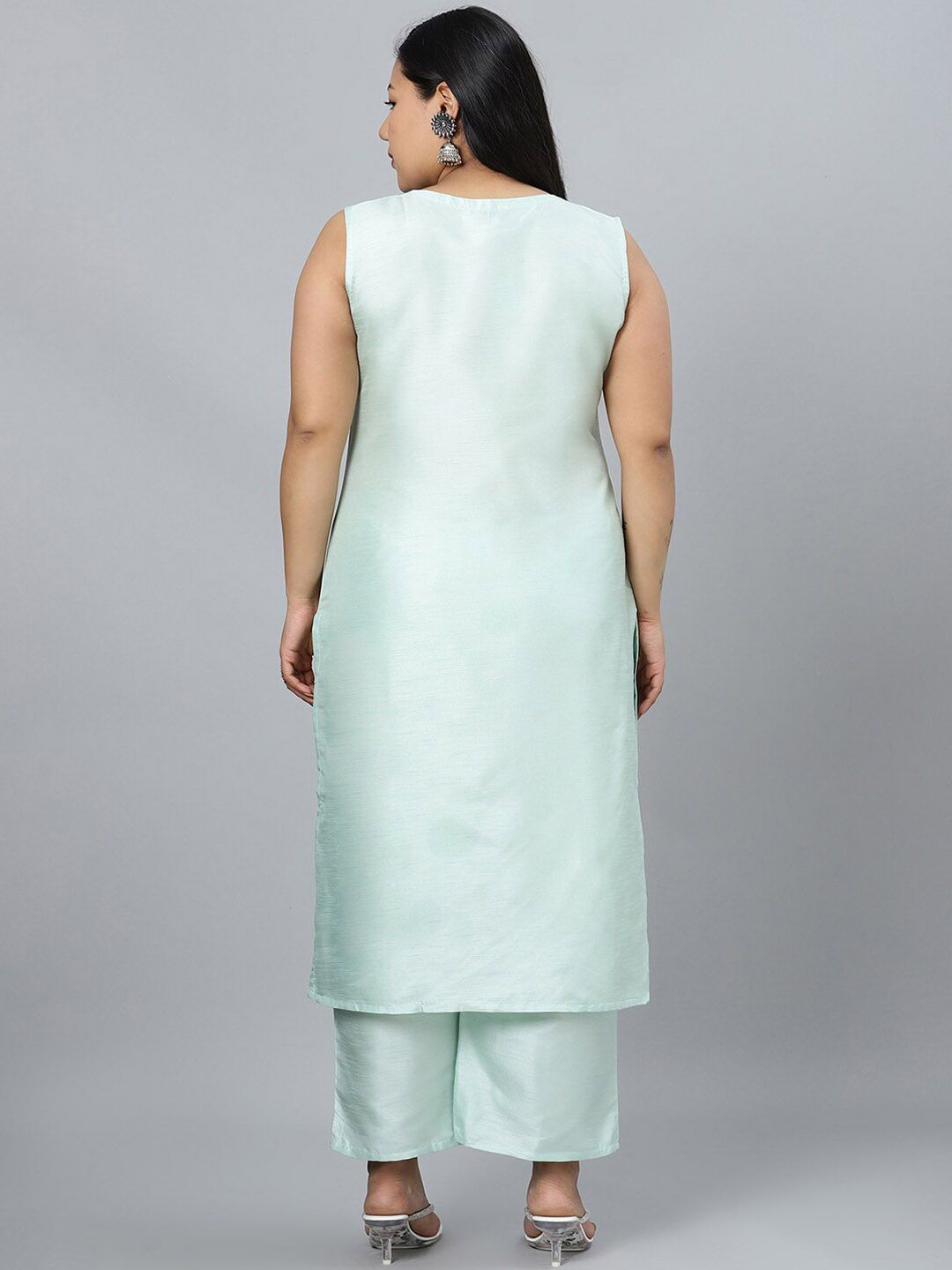 Sztori Plus Size Round Neck Sleeveless Art Silk Kurta With Palazzo & Jacket